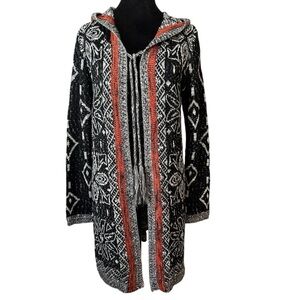 •Mystree Open Front Sweater Cardigan. Sz M. Black & white, burnt orange a…